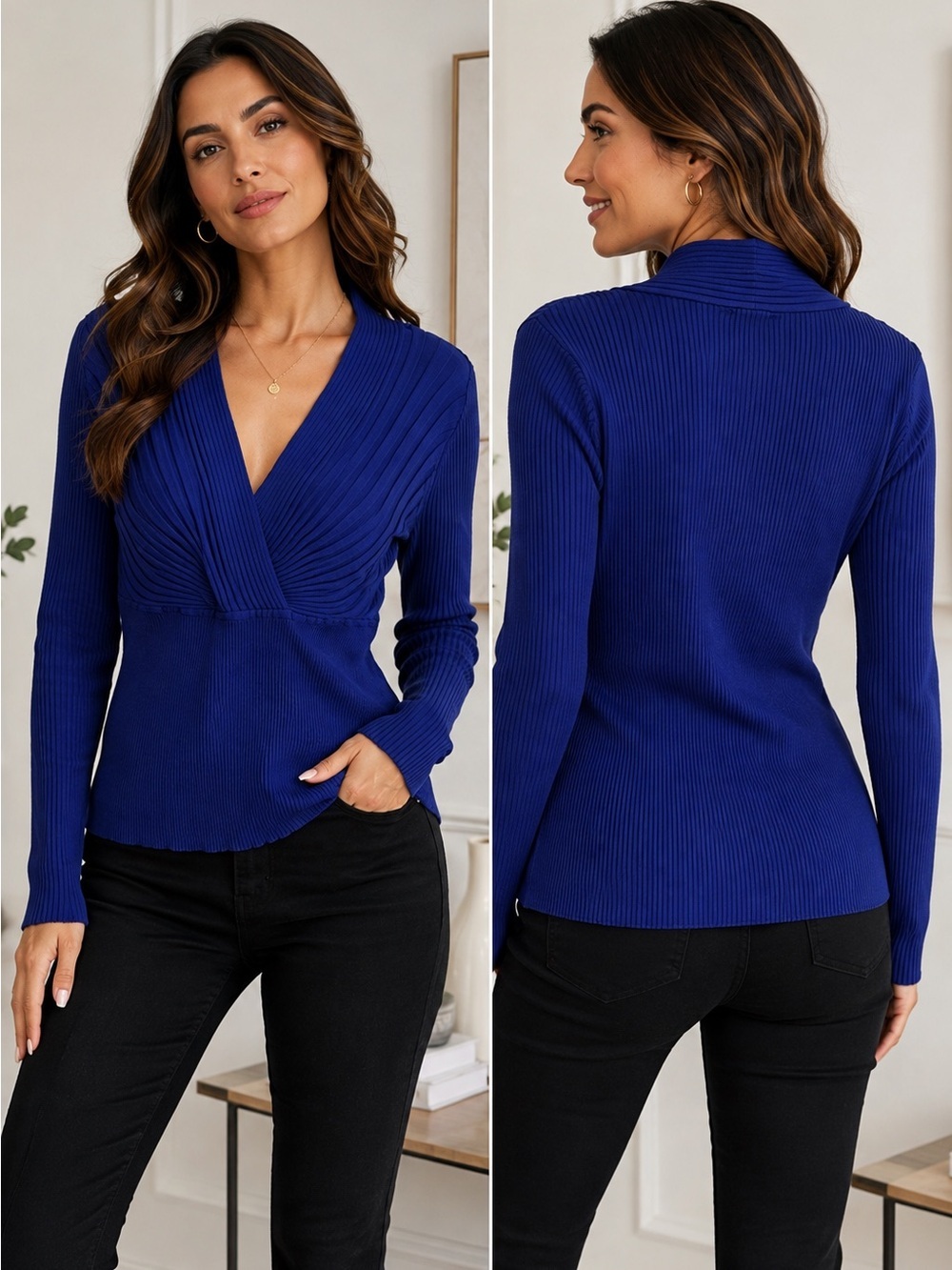 INC International Concepts Cobalt Blue Ribbed Surplice V-Neck Sweater
